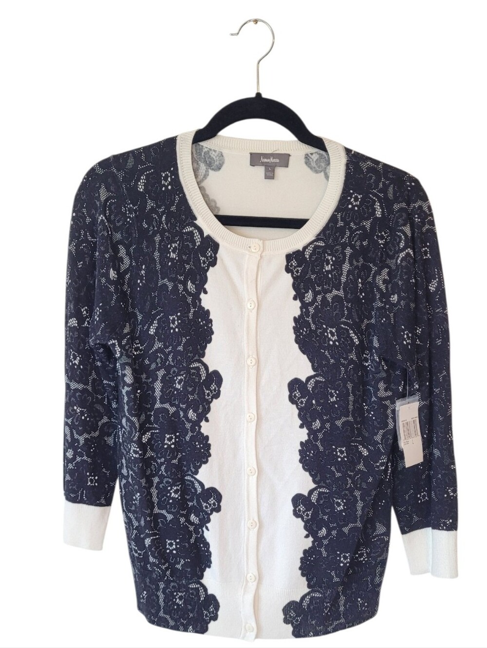 Neiman Marcus Black & White  Lace-Overlay Button Cardigan Size L NWT